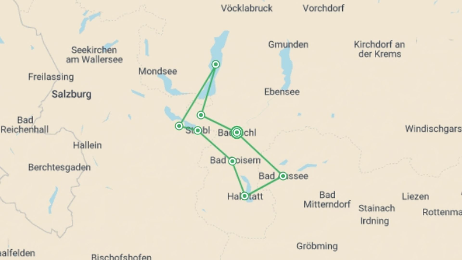 A map showing the tour itinerary for the trip: Austrian Lakes Walk, starting in Bad Ischl, Austria and ending in Bad Ischl, Austria going through 6 other destinations.