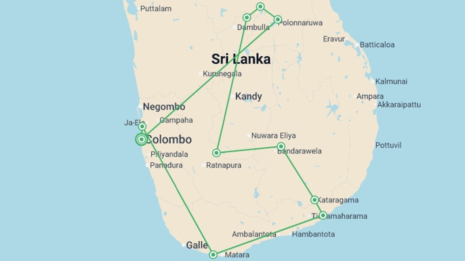 A map showing the tour itinerary for the trip: Sri Lanka: See & Experience it all in 10 days, Luxury Tour, starting in Colombo, Sri Lanka and ending in Colombo, Sri Lanka going through 9 other destinations.