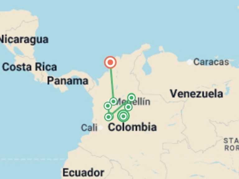 Map of South America Cultural, religious and historic sites Tour with 10 destination visits for the trip: Contrasts of Colombia
