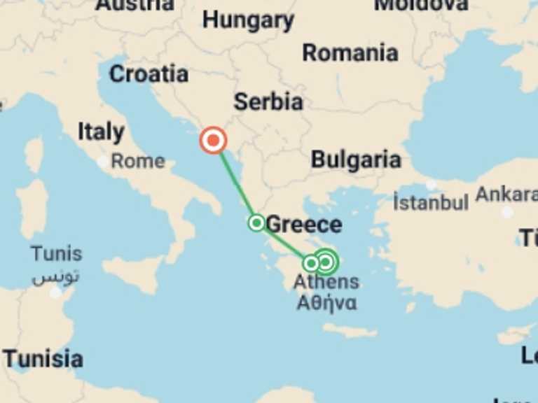 Map of Athens Cruise Tour with 4 destination visits for the trip: Mediterranean Escapade: A Cruise to Discover the Treasures of Greece and the Adriatic (port-to-port cruise)