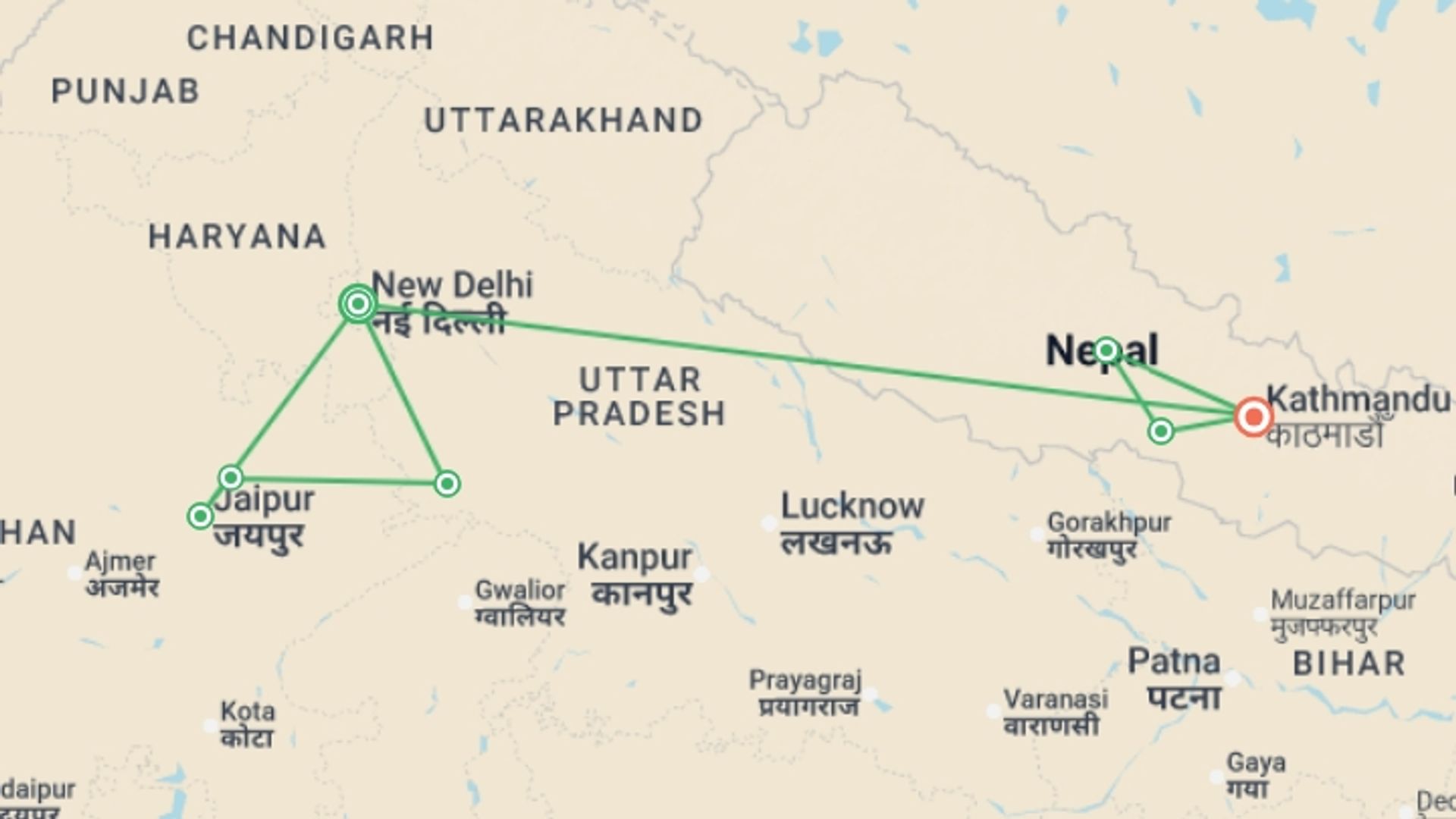 A map showing the tour itinerary for the trip: India & Nepal Adventure, starting in New Delhi, India and ending in Kathmandu, Nepal going through 5 other destinations.