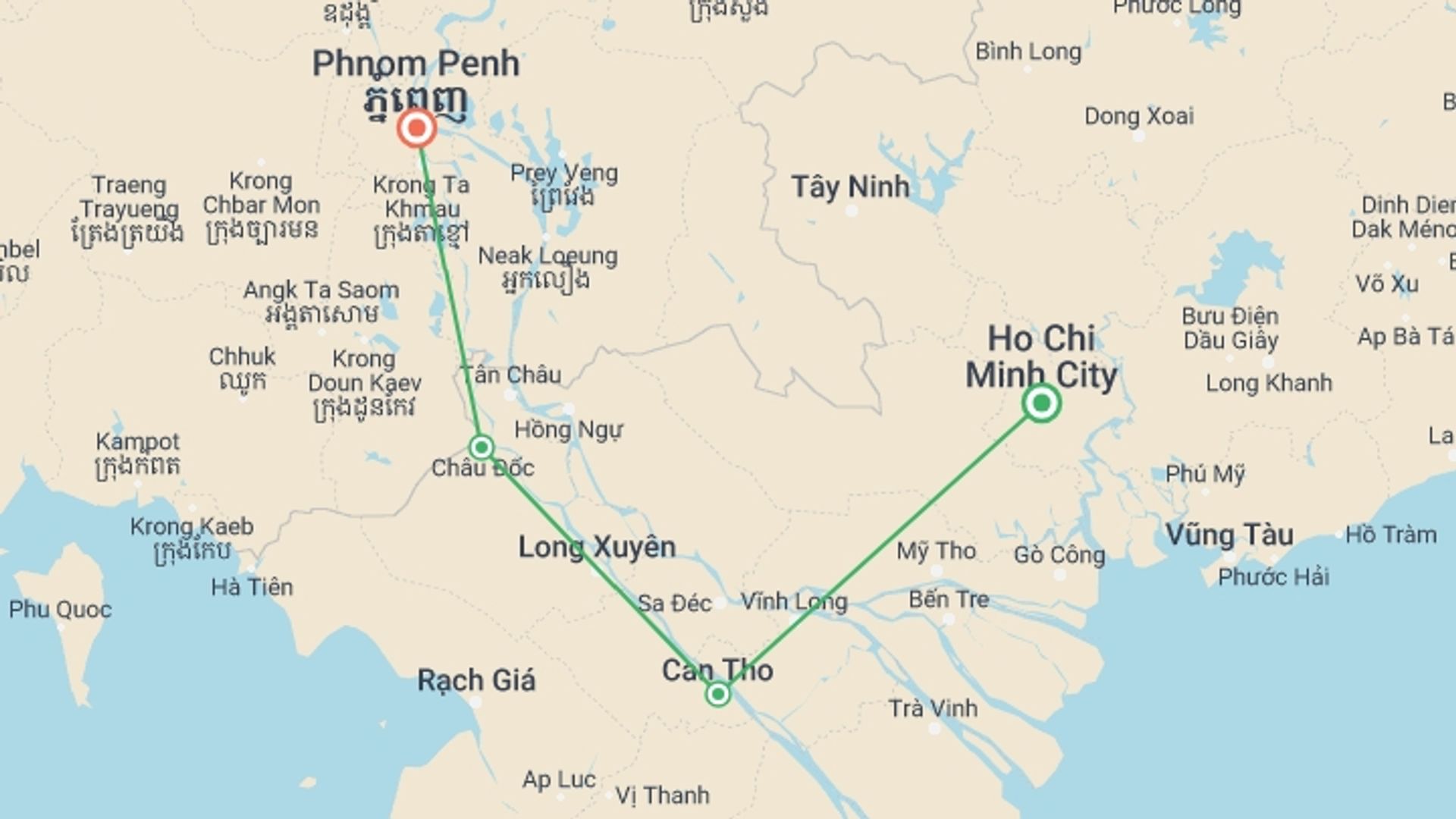 A map showing the tour itinerary for the trip: Discover The Mekong Delta, starting in Ho Chi Minh City, Vietnam and ending in Phnom Penh, Cambodia going through 3 other destinations.