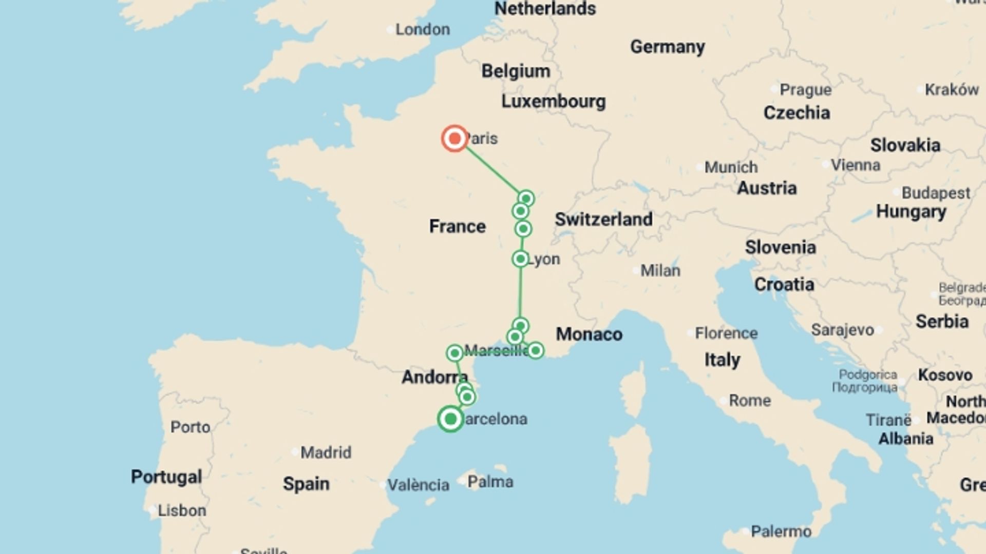 A map showing the tour itinerary for the trip: Catalonia, Provence, Burgundy with Paris, starting in Barcelona, Spain and ending in Paris, France going through 4 other destinations.