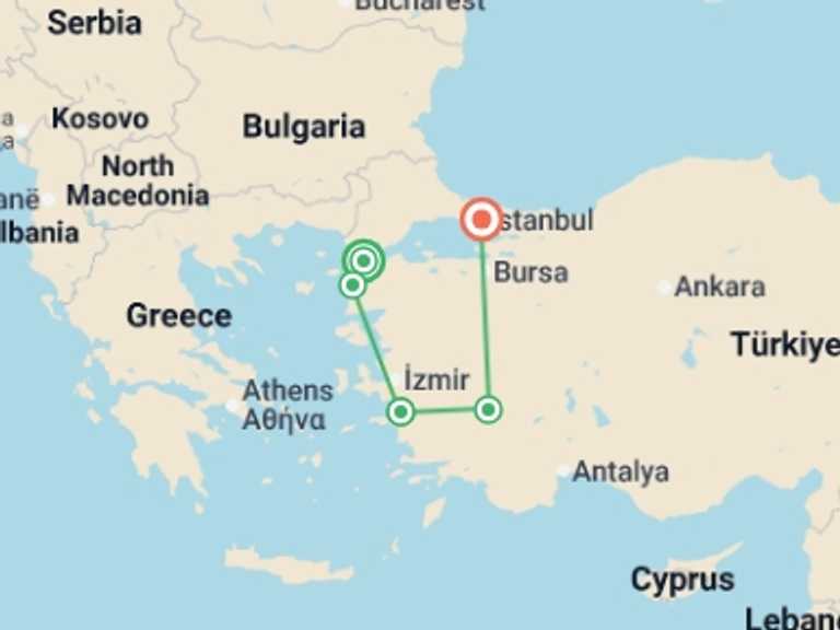 Map itinerary of Europe Tour in Summer with 7 destination visits for the trip: Aegean Trooper Tour