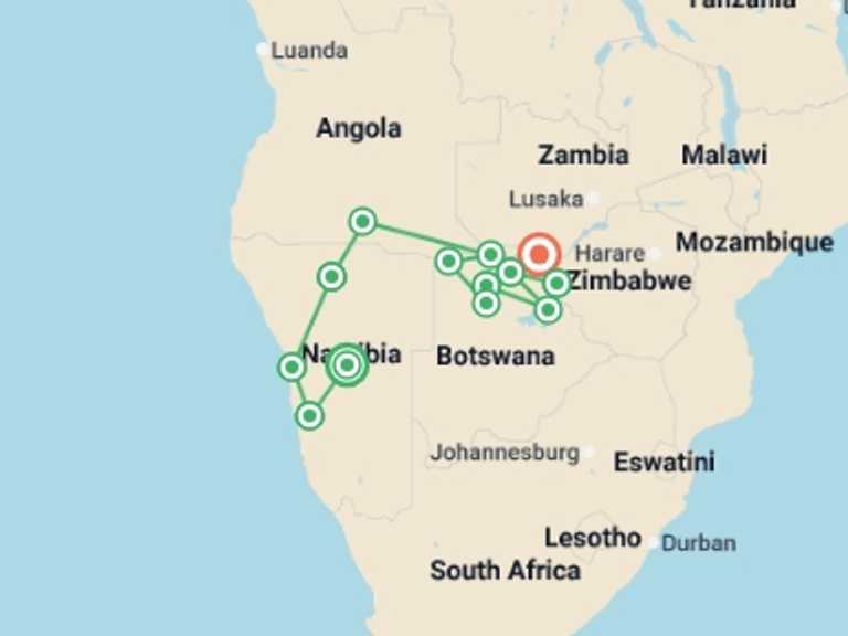 Map itinerary of Swakopmund Tour in Summer with 13 destination visits for the trip: Highlights of Namibia, Botswana and Zimbabwe