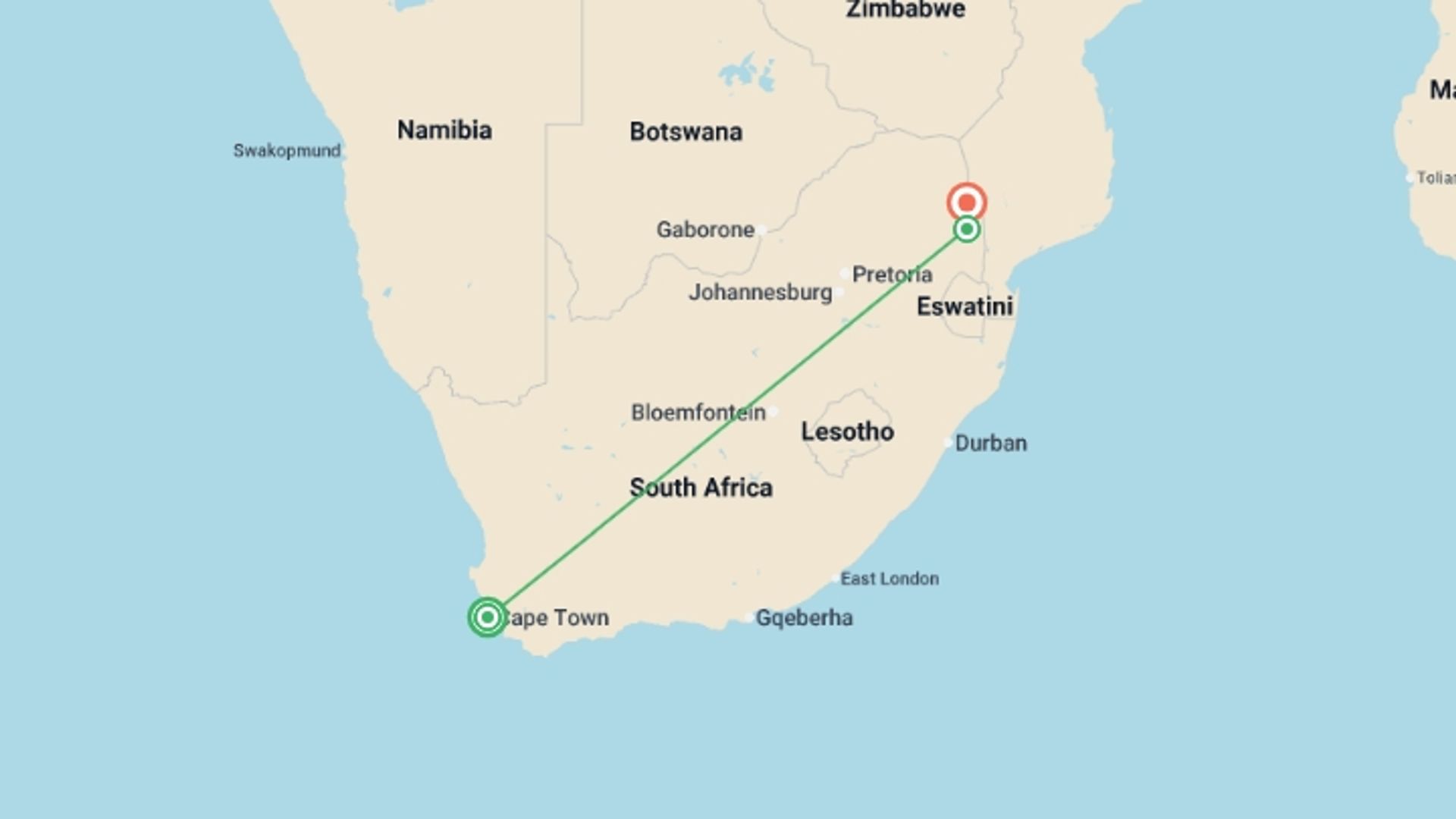 A map showing the tour itinerary for the trip: Cape Town & Kruger - 9 days, starting in Cape Town, South Africa and ending in Kruger National Park, South Africa going through 1 other destinations.