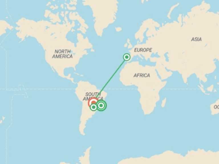 Map of a Waterfalls Tour with 9 destination visits for the trip: Rio de Janeiro, Iguassu Falls & Pantanal 