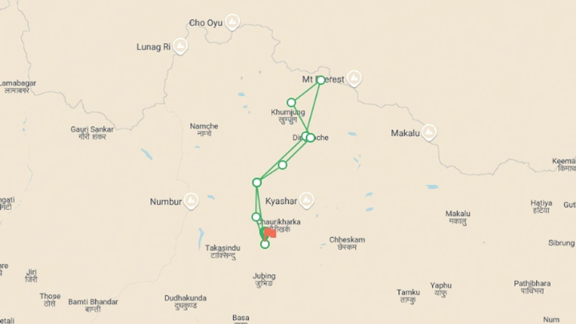 A map showing the tour itinerary for the trip: Everest Base Camp, starting in Lukla, Nepal and ending in Lukla, Nepal going through 8 other destinations.