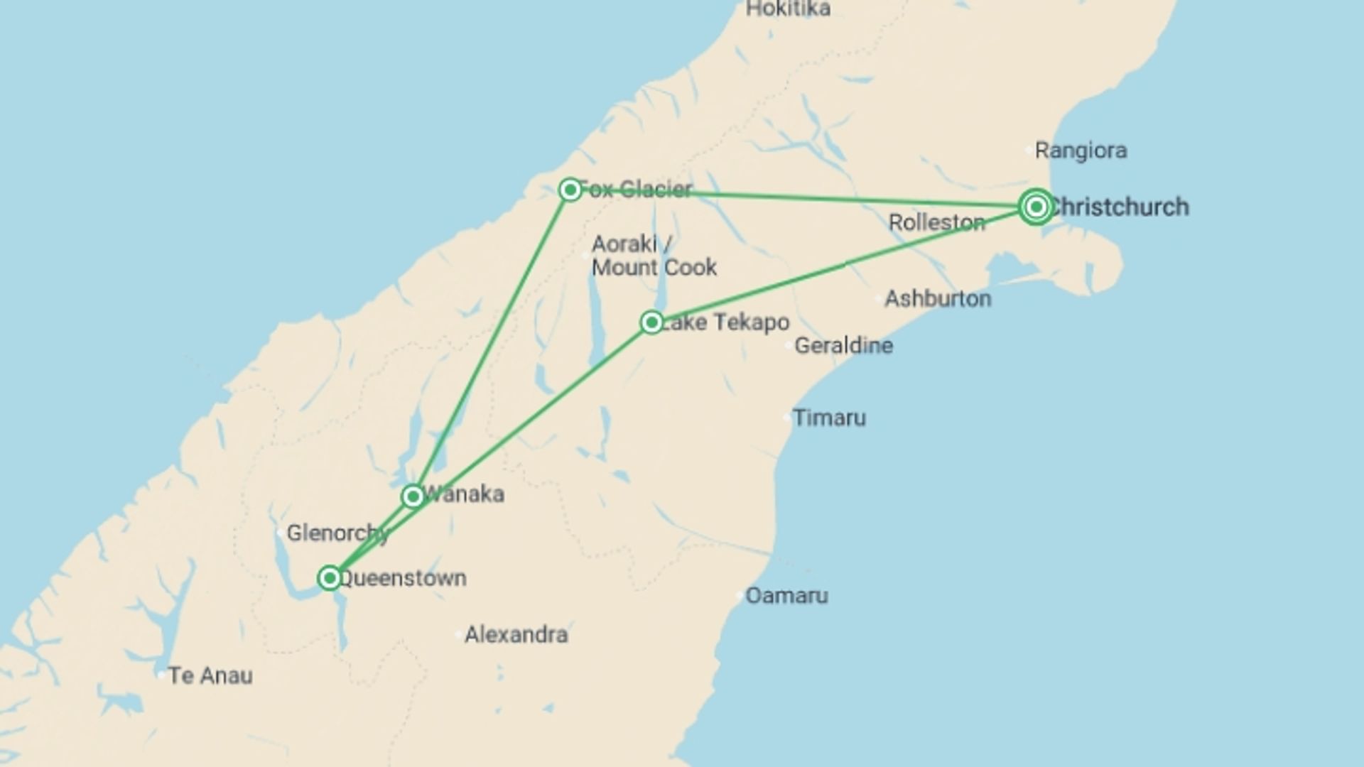 A map showing the tour itinerary for the trip: Active New Zealand Reunion 35 to 45, starting in Christchurch, New Zealand and ending in Christchurch, New Zealand going through 4 other destinations.