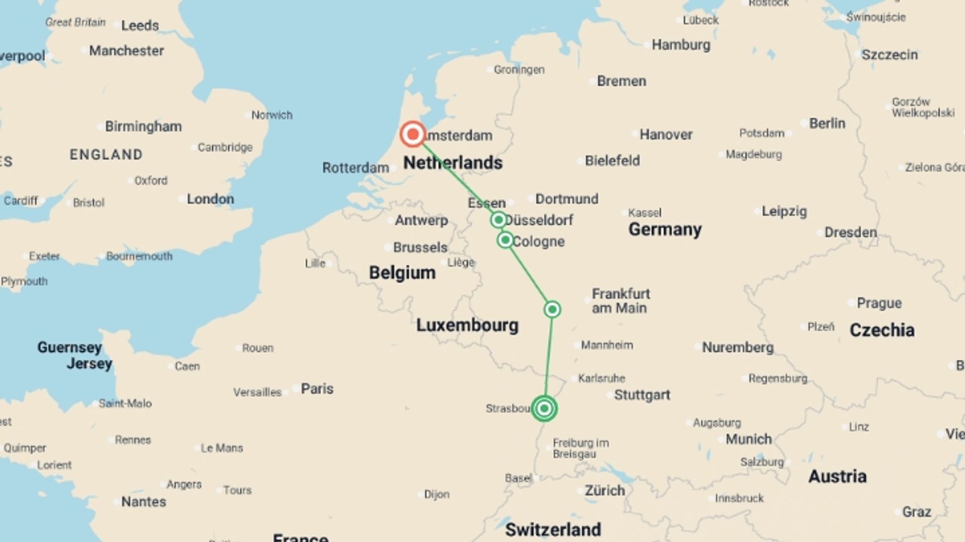 A map showing the tour itinerary for the trip: The romantic Rhine valley and Holland (port-to-port cruise), starting in Strasbourg, France and ending in Amsterdam, Holland going through 2 other destinations.