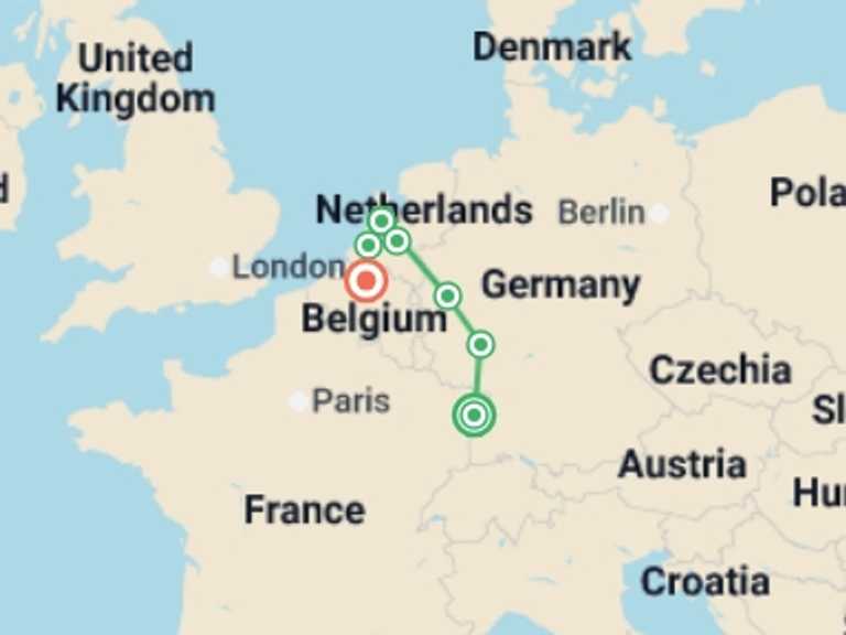 Map itinerary of Europe Tour in April 2027 with 7 destination visits for the trip: Cruise along the Rhine from Strasbourg to Antwerp (port-to-port cruise)