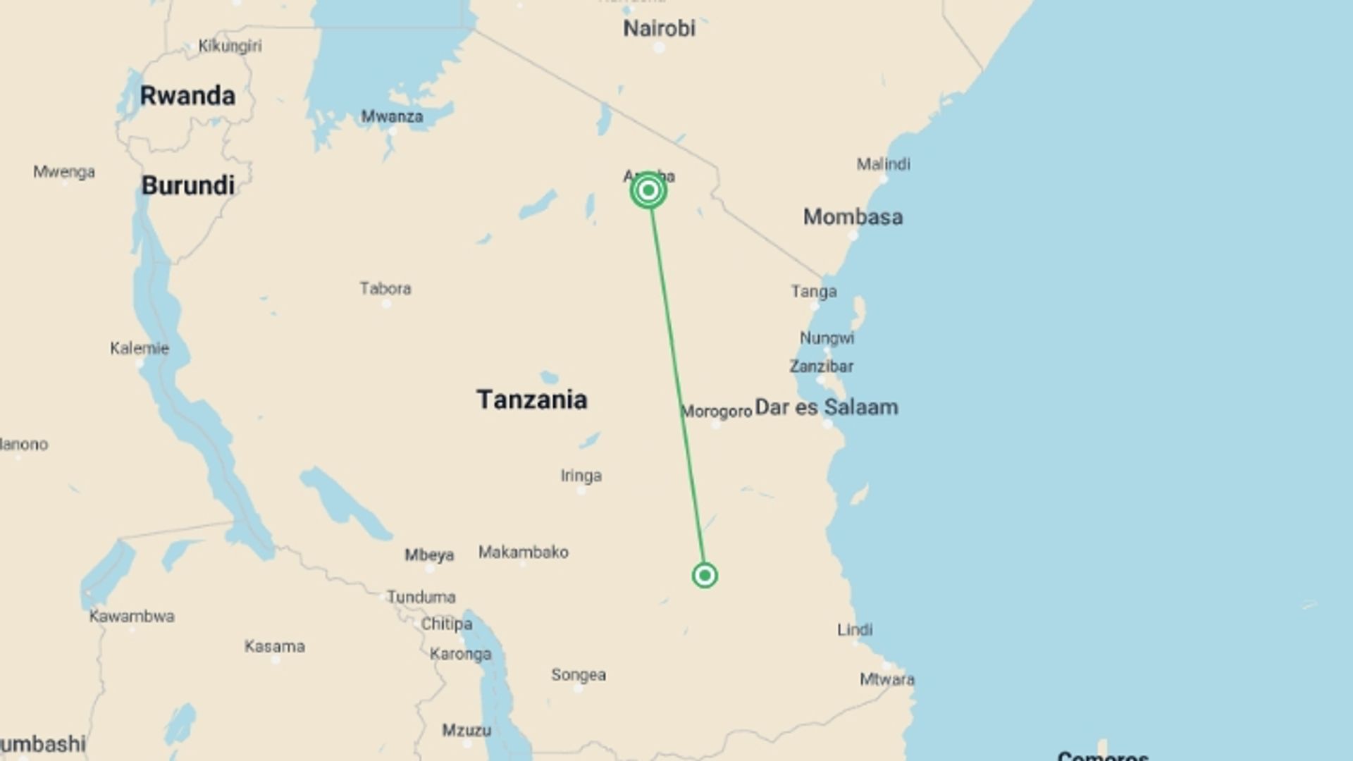 A map showing the tour itinerary for the trip: 6Days/5Nights -Best of Selous Game Reserve Camping Safari, starting in Arusha, Tanzania and ending in Arusha, Tanzania going through 1 other destinations.