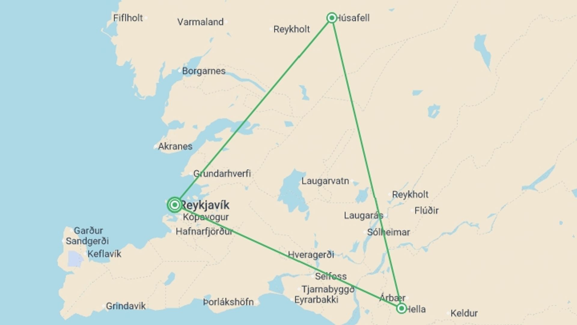 A map showing the tour itinerary for the trip: Iceland: Waterfalls, Hot Springs & Hiking Volcanic Landscapes, starting in Reykjavik, Iceland and ending in Reykjavik, Iceland going through 2 other destinations.