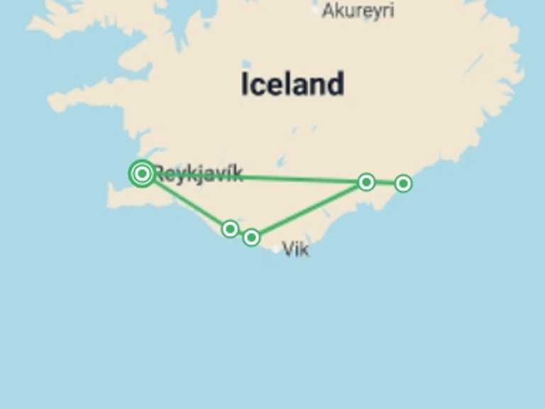 Map itinerary of Reykjavik Tour in Fall with 2 destination visits for the trip: Iceland South Coast & Ice Cave Adventure 2D/1N