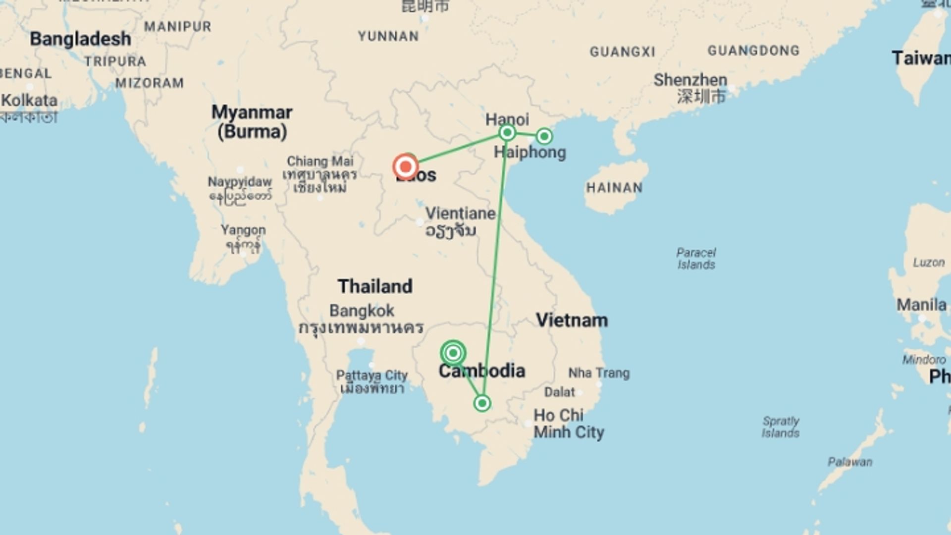 A map showing the tour itinerary for the trip: Indochina's Triangular Exploration In 10 Days, starting in Siem Reap, Cambodia and ending in Luang Prabang, Laos going through 4 other destinations.