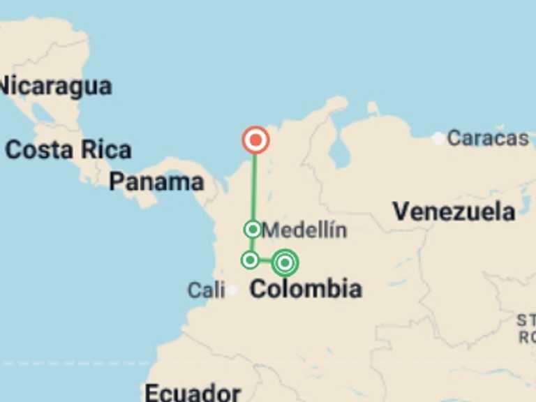 Map itinerary of South America Tour in January 2027 with 4 destination visits for the trip: 12-day All Colours Of Colombia – Bogotá, Coffee Region, Medellín & Cartagena