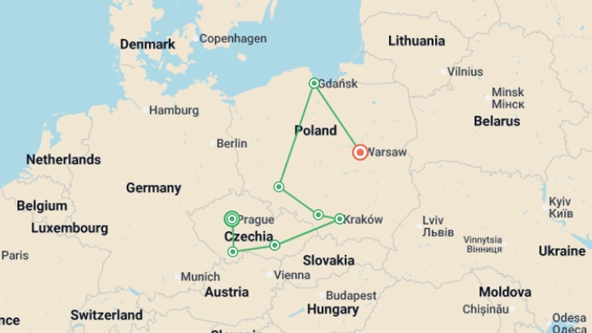 A map showing the tour itinerary for the trip: Full Czechia and Poland, starting in Prague, Czech Republic and ending in Warsaw, Poland going through 4 other destinations.