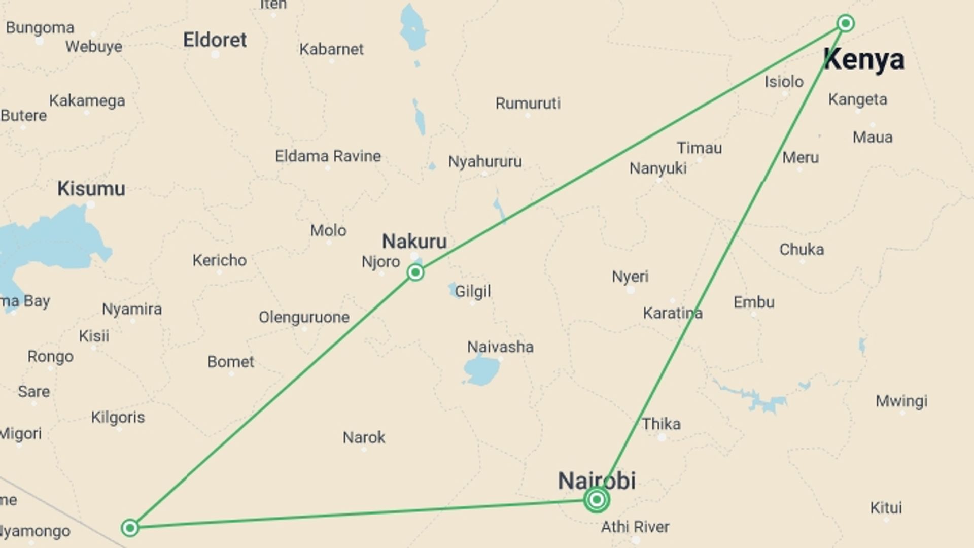 A map showing the tour itinerary for the trip: Kenya Highlights, Private Tour, starting in Nairobi, Kenya and ending in Nairobi, Kenya going through 3 other destinations.