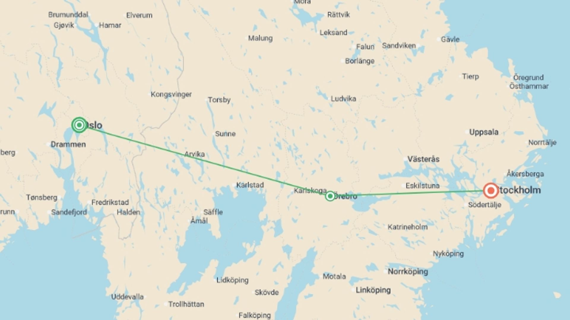 A map showing the tour itinerary for the trip: Pearls of Northern Europe, starting in Oslo, Norway and ending in Stockholm, Sweden going through 1 other destinations.