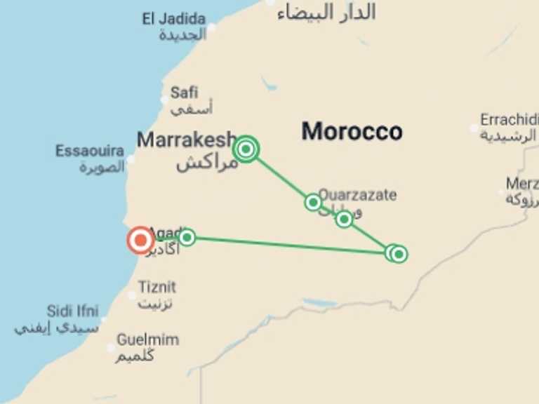 Map itinerary of Mediterranean Tour in June 2026 with 6 destination visits for the trip: Sahara And South, Private Tour