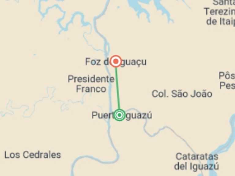 Map of Puerto Iguazu Adventure Tour with 2 destination visits for the trip: Iguazu Falls Adventure 3D/2N (Puerto to Foz)