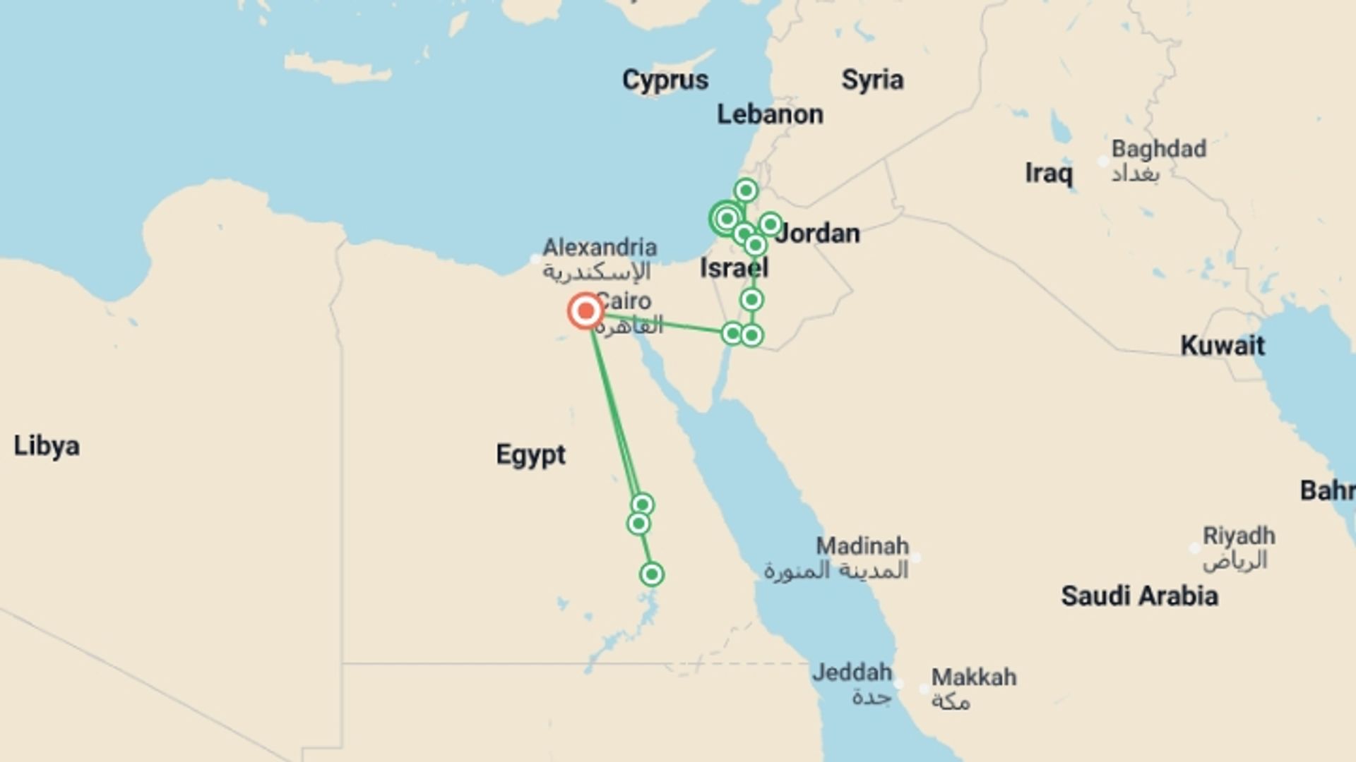 A map showing the tour itinerary for the trip: Legend of Israel, Jordan and Egypt, starting in Tel Aviv, Israel and ending in Cairo, Egypt going through 10 other destinations.