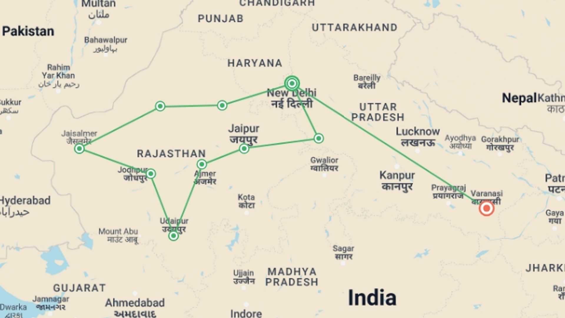 A map showing the tour itinerary for the trip: Royal Rajasthan With Agra & Varanasi, starting in New Delhi, India and ending in Varanasi, India going through 8 other destinations.