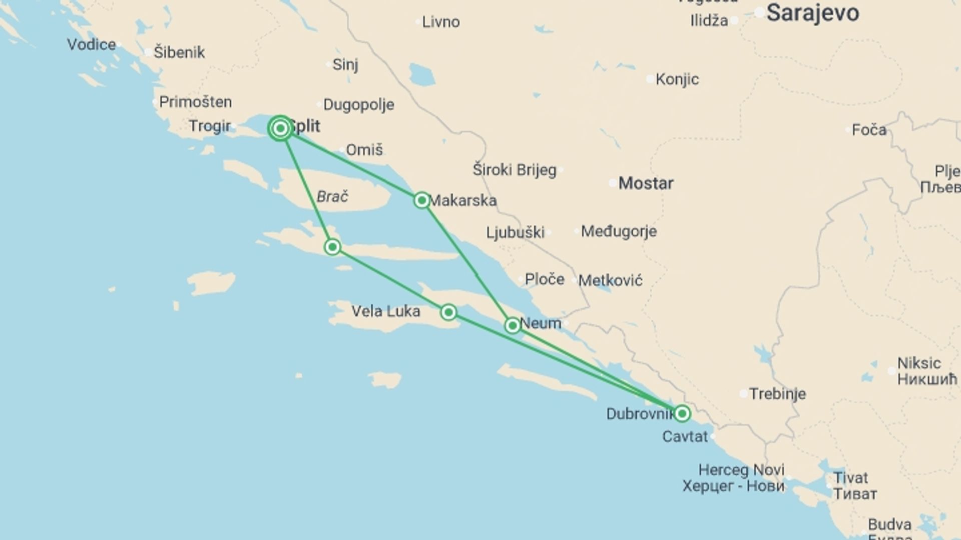 A map showing the tour itinerary for the trip: Croatia Island Sail, starting in Split, Croatia and ending in Split, Croatia going through 5 other destinations.