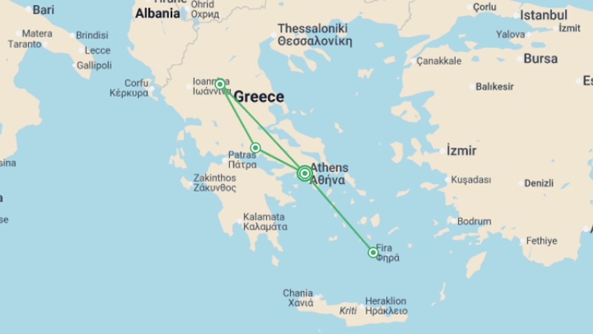 A map showing the tour itinerary for the trip: Athens, Delphi & Santorini - 8 days, starting in Athens, Greece and ending in Athens, Greece going through 2 other destinations.