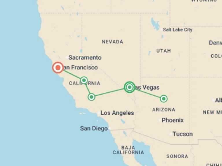Map itinerary of USA Tour in March 2027 with 5 destination visits for the trip: Great Cities of the West, Ending in San Francisco