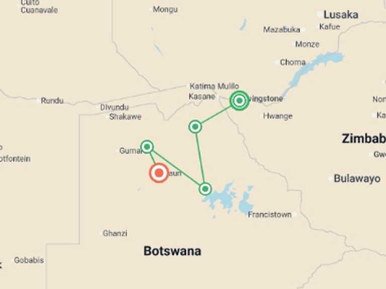 Map itinerary of Maun Tour in October 2026 with 5 destination visits for the trip: Victoria Falls and Botswana 35 to 45