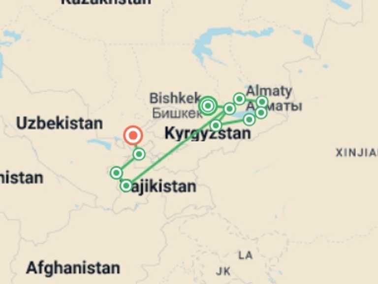 Map itinerary of Bishkek Tour in May 2026 with 11 destination visits for the trip: Best of Kyrgyzstan and Tajikistan
