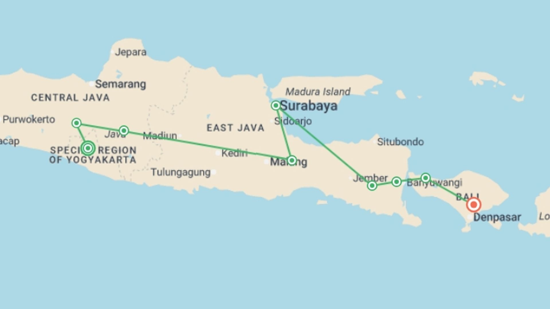 A map showing the tour itinerary for the trip: Indonesia: Yogyakarta, Java & Ubud, starting in Yogyakarta, Indonesia and ending in Ubud, Indonesia going through 7 other destinations.