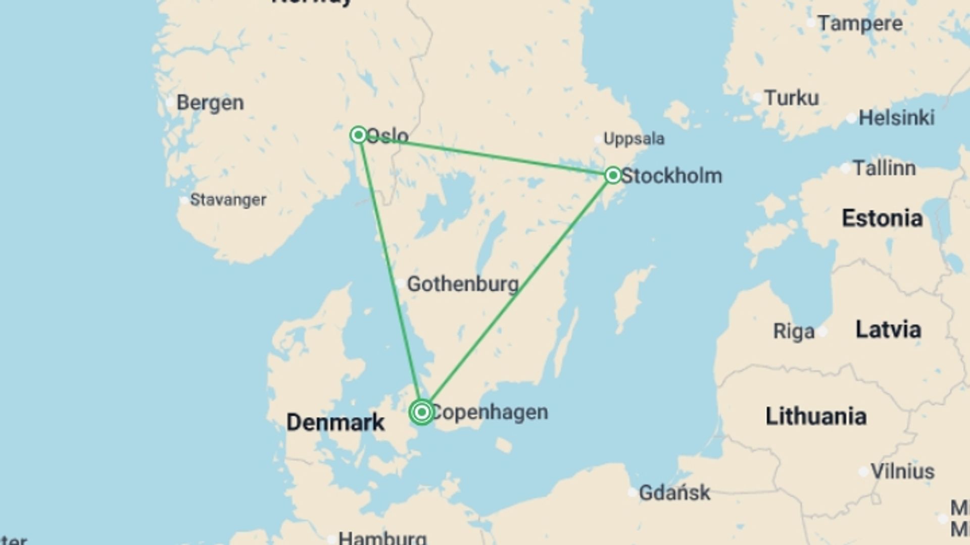 A map showing the tour itinerary for the trip: Copenhagen, Oslo & Stockholm - 10 days, starting in Copenhagen, Denmark and ending in Copenhagen, Denmark going through 2 other destinations.
