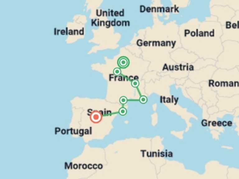 Map of France and Spain Tour with 7 destination visits for the trip: Highlights of France and Barcelona