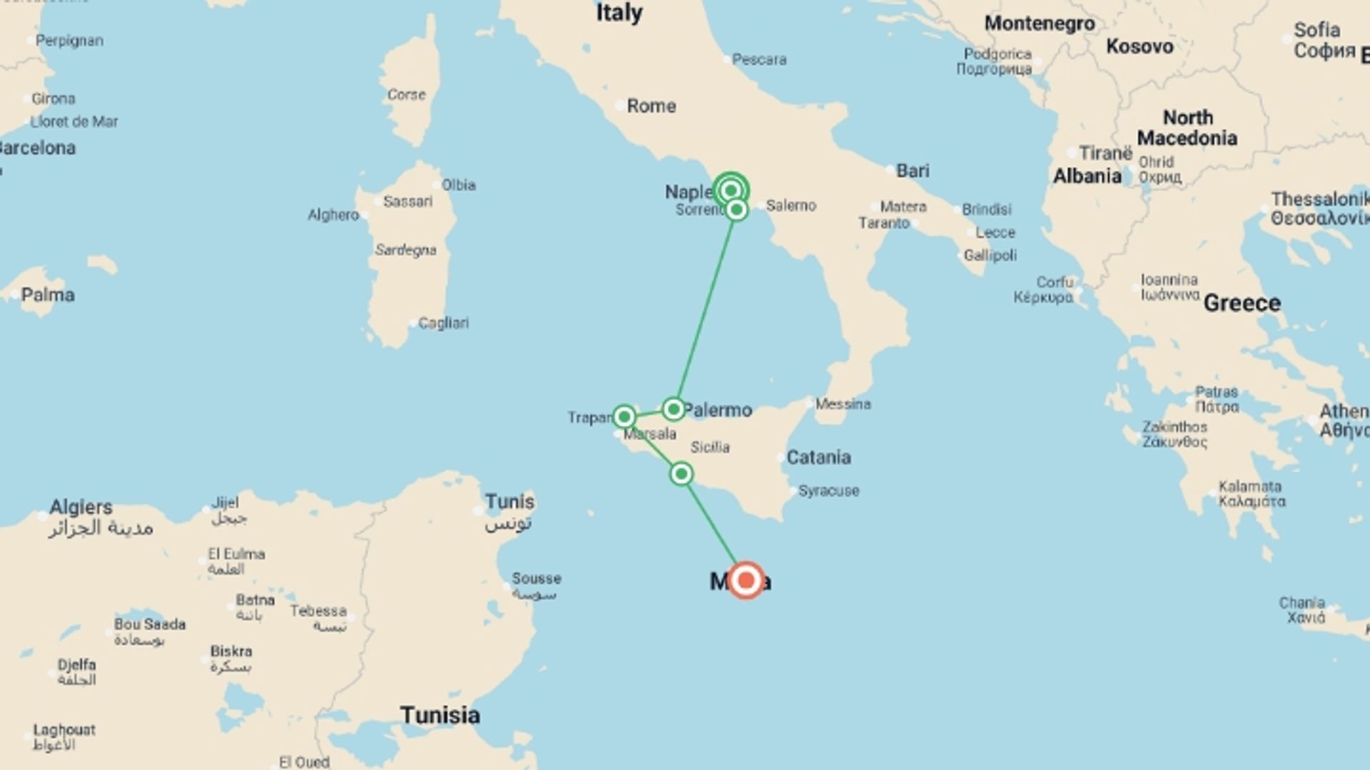 A map showing the tour itinerary for the trip: The Best Spots in Sicily and Southern Italy (port-to-port cruise), starting in Naples, Italy and ending in Valletta, Malta going through 4 other destinations.