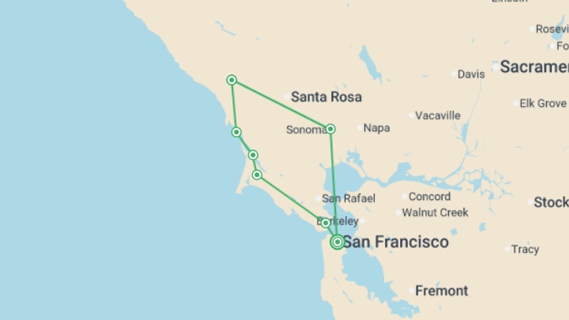 A map showing the tour itinerary for the trip: San Francisco, Redwoods & Vineyards - 5 days, starting in San Francisco, USA and ending in San Francisco, USA going through 3 other destinations.