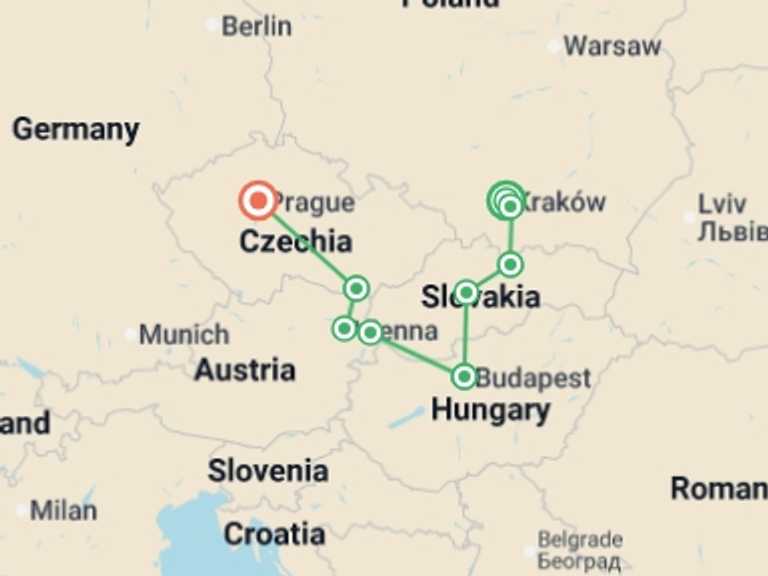 Map of Europe Cultural, religious and historic sites Tour with 9 destination visits for the trip: Highlights of Eastern Europe