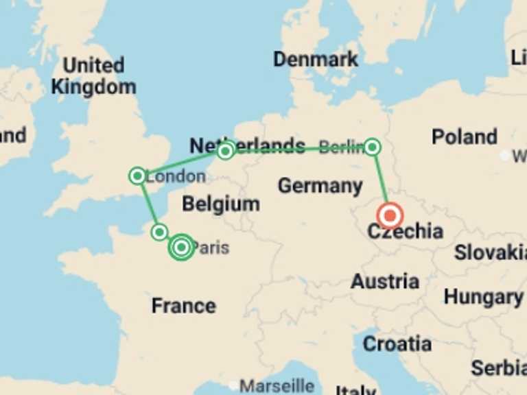 Map itinerary of Berlin Tour in Summer with 7 destination visits for the trip: Continental Fairytale