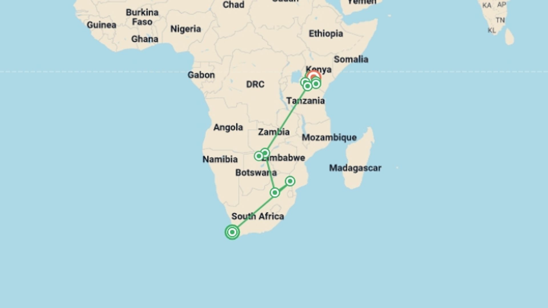 A map showing the tour itinerary for the trip: Grand African Safari, starting in Cape Town, South Africa and ending in Nairobi, Kenya going through 9 other destinations.