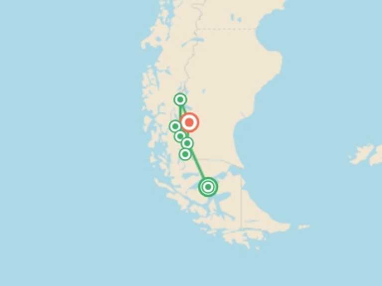 Map itinerary of South America Tour in March 2027 with 10 destination visits for the trip: Torres del Paine to El Chalten and Fitz Roy Hiking Tour