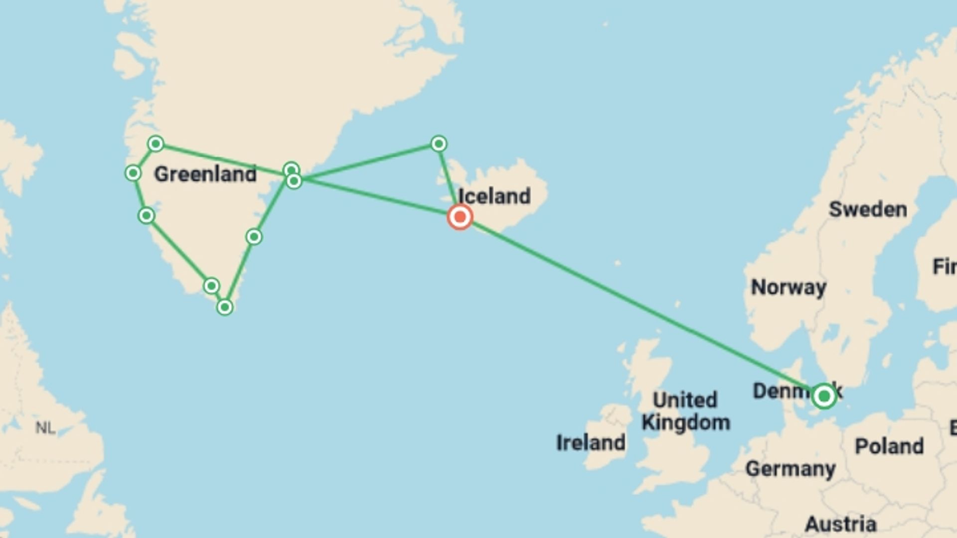 A map showing the tour itinerary for the trip: Greenland Explorer - M/V Ocean Albatros, starting in Copenhagen, Denmark and ending in Reykjavik, Iceland going through 3 other destinations.