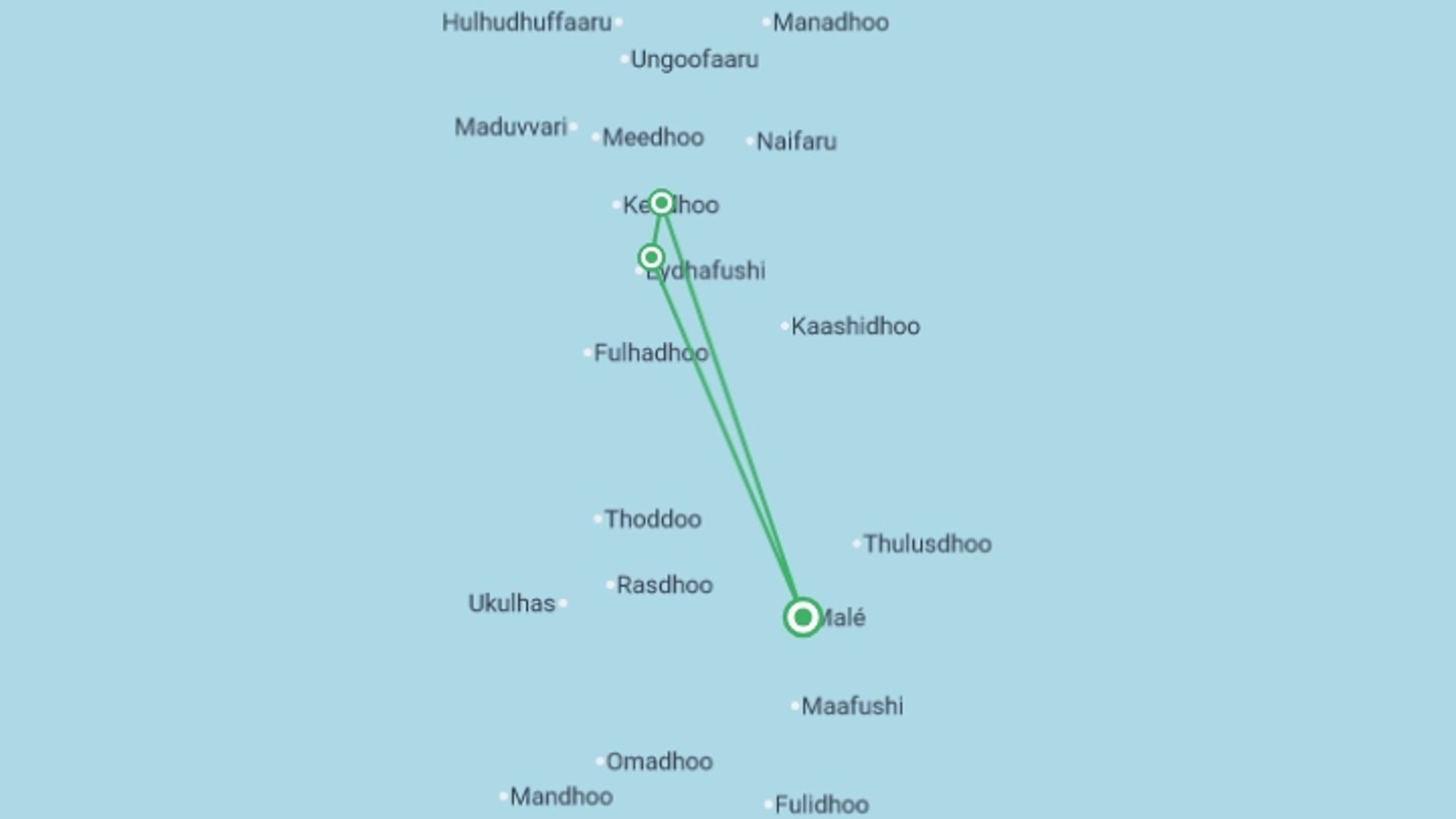A map showing the tour itinerary for the trip: Island Hopping Maldives Adventure - 8 days, starting in Male, Maldives and ending in Male, Maldives going through 2 other destinations.