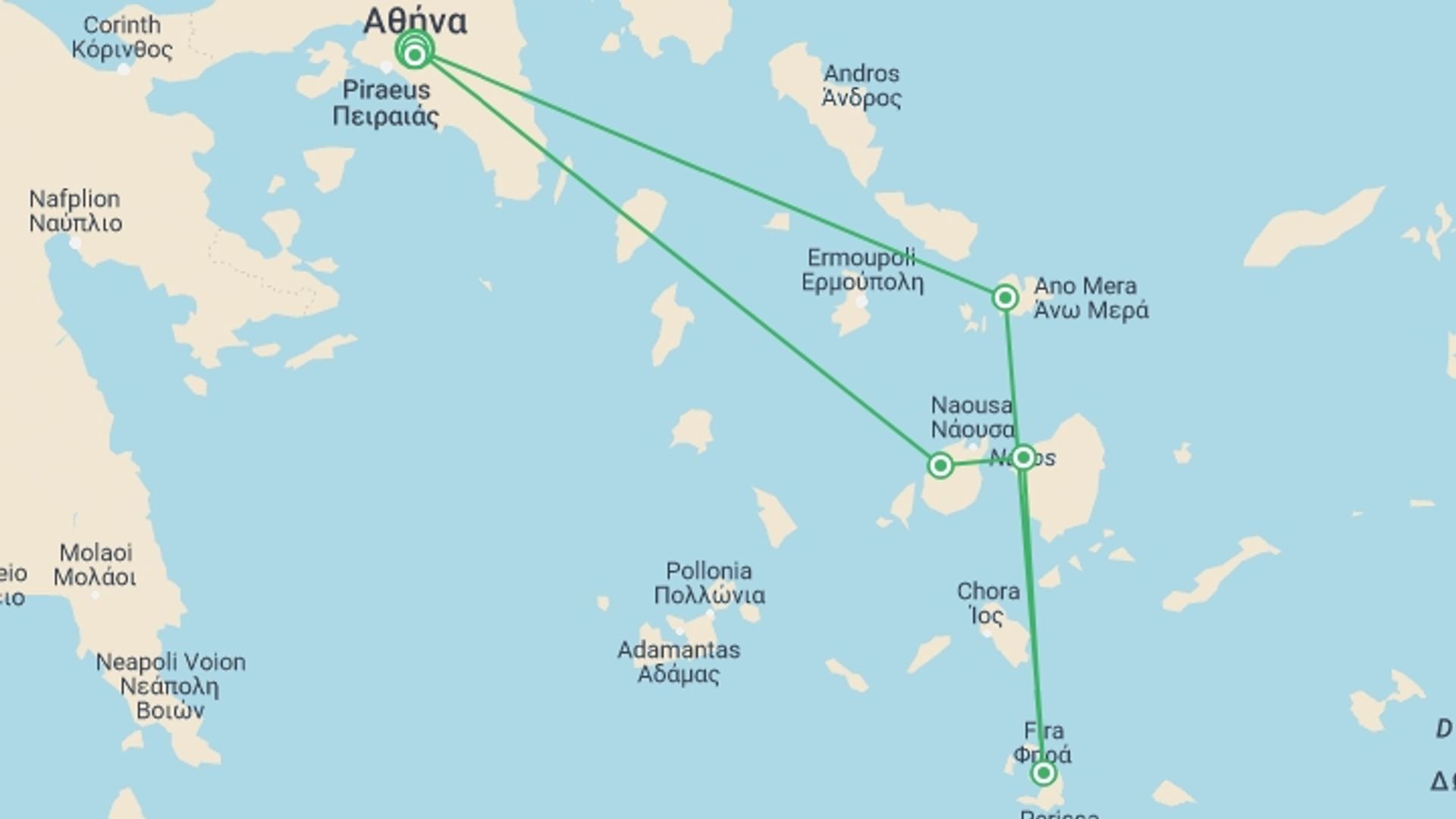 A map showing the tour itinerary for the trip: Cycladic Gems, starting in Athens, Greece and ending in Athens, Greece going through 4 other destinations.