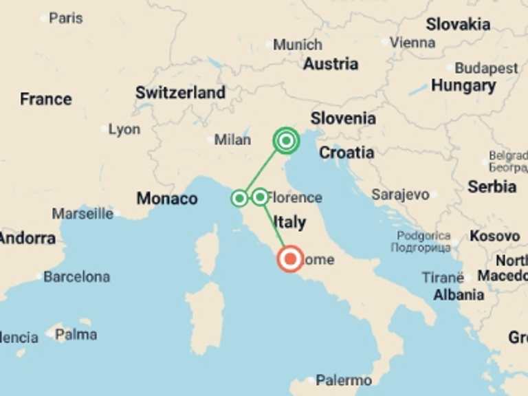 Map of Rome Explorer Tour with 4 destination visits for the trip: Picturesque Solo Italy Tour