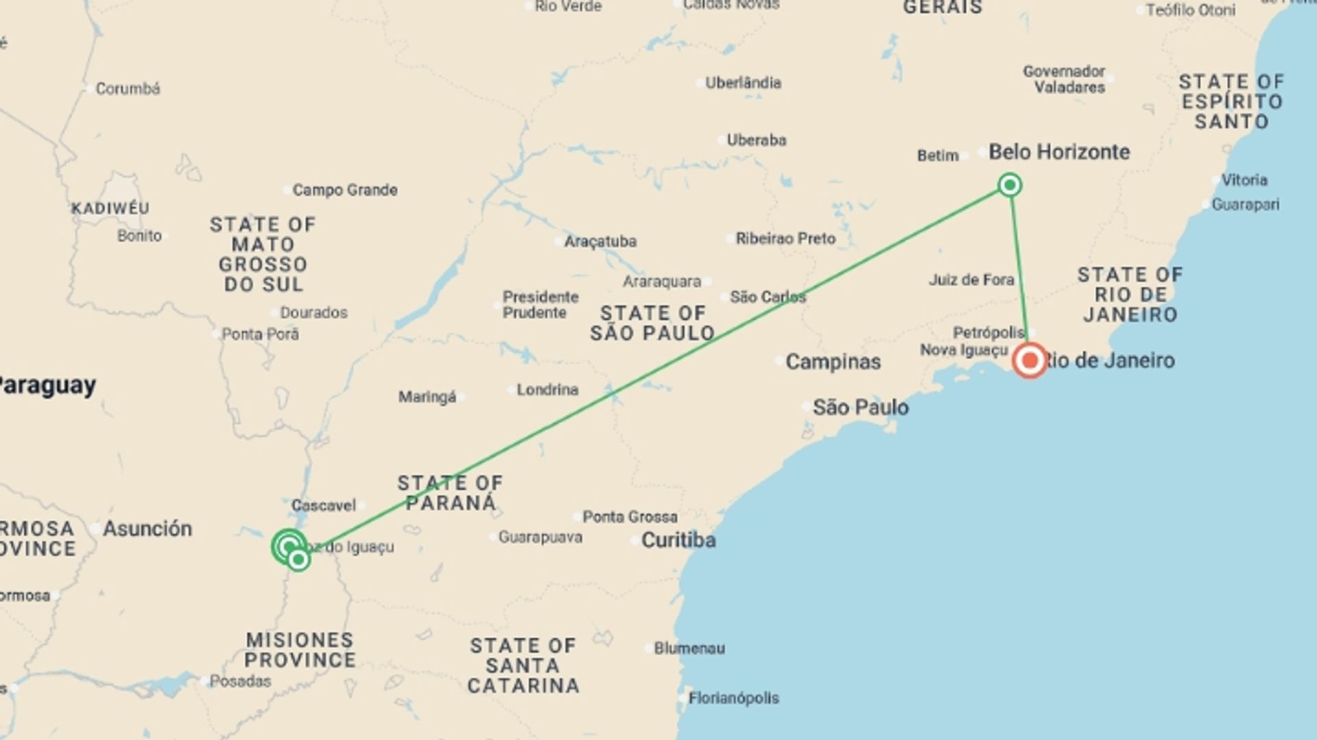 A map showing the tour itinerary for the trip: South Brazil: See & Experience it all in 11 Days, starting in Foz Do Iguacu, Brazil and ending in Rio de Janeiro, Brazil going through 3 other destinations.