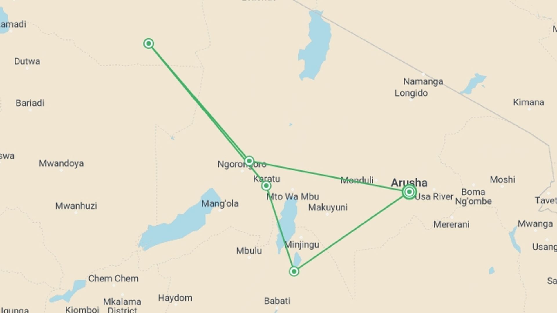 A map showing the tour itinerary for the trip: 5 Days Wildebeest Migration Safari in Tanzani, starting in Arusha, Tanzania and ending in Arusha, Tanzania going through 3 other destinations.