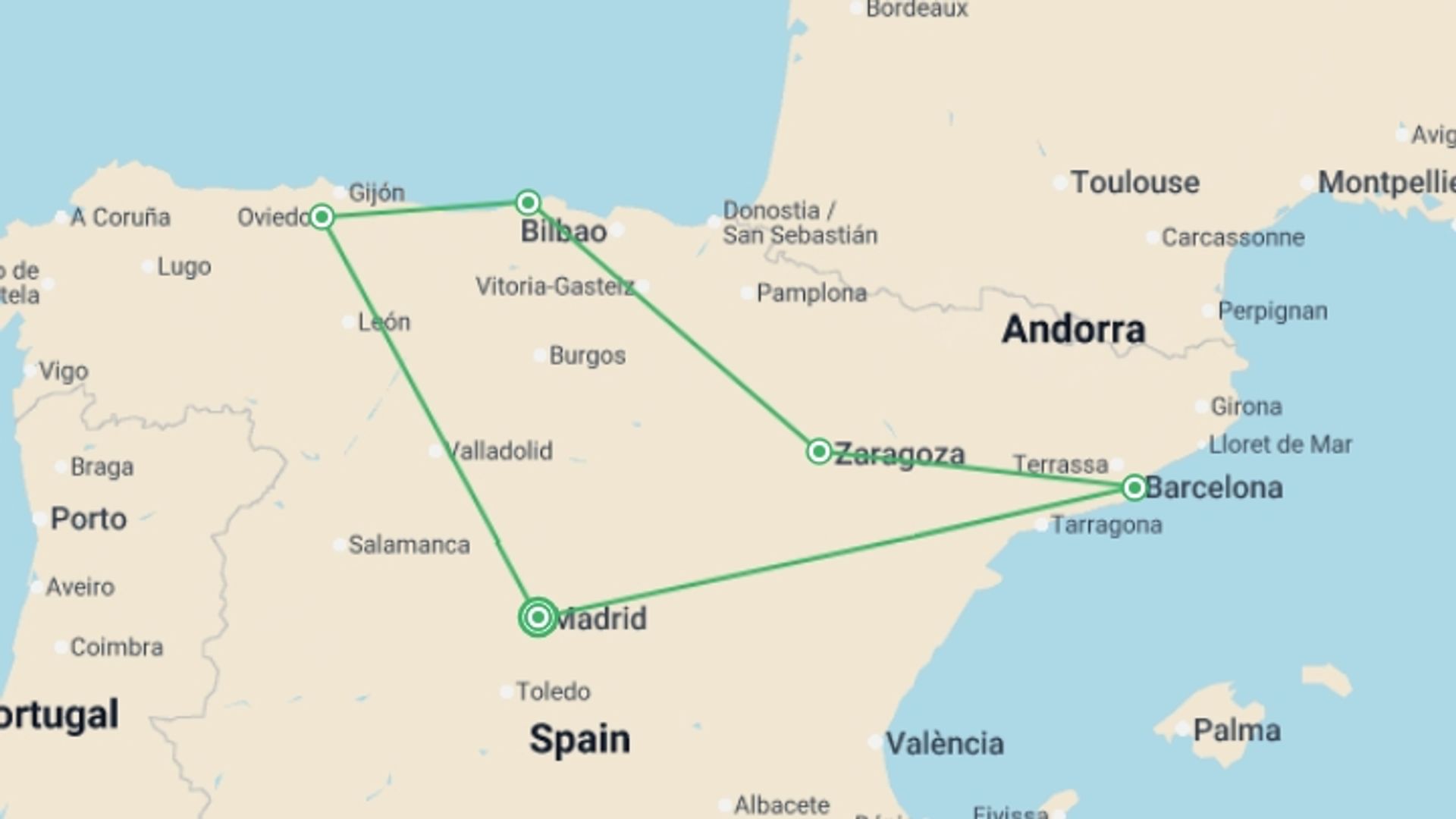 A map showing the tour itinerary for the trip: Spanish Bliss, starting in Madrid, Spain and ending in Madrid, Spain going through 4 other destinations.