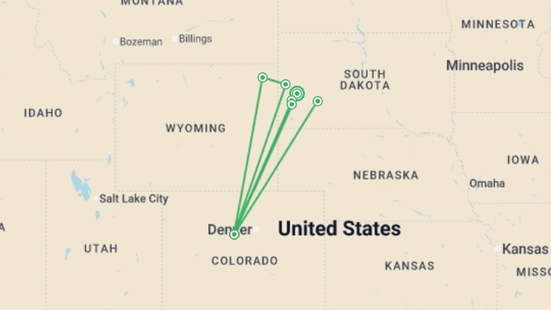 A map showing the tour itinerary for the trip: Mount Rushmore & South Dakota's Black Hills - 6 days, starting in Rapid City, USA and ending in Rapid City, USA going through 1 other destinations.