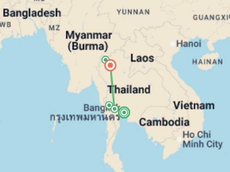 Map itinerary of Bangkok Tour in February 2026 with 5 destination visits for the trip: North Thailand: Rivers & Rice Fields